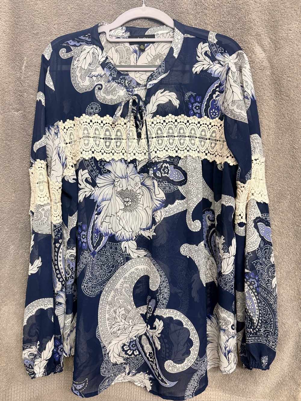 Melissa Paige Navy and Cream Paisley Lace-Trim Tunic